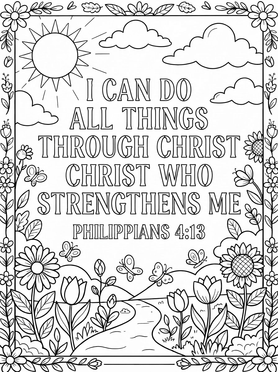Coloring page: Stencil letters "I can do all things through Christ who strengthens me" Philippians 4:13. Add sun, clouds and flowers (edited: change the stencil letters to letters to color) (edited: remove the happy face on the sun)