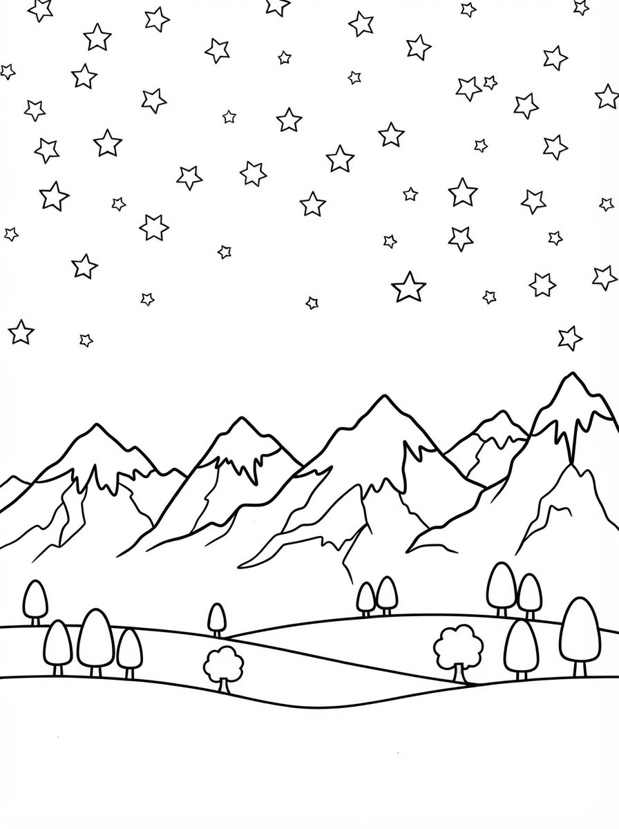 Coloring page: a night sky with stars (edited: delete the moon only stars and landscape) (edited: add lots of stars) (edited: Add more stars in the sky) (edited: add a few more stars and trees) (edited: can you color this sheet?) (edited: add mountains)