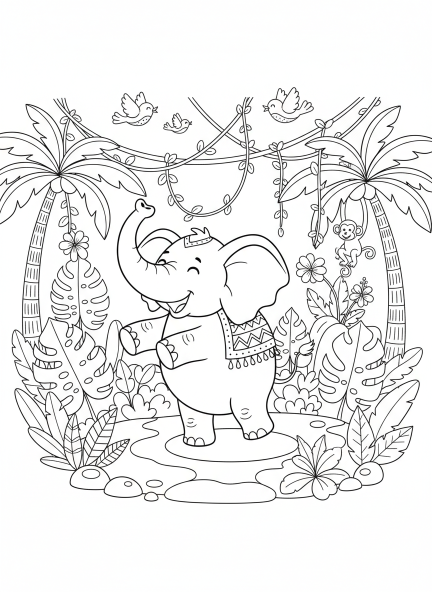 Coloring page: happy elephant dancing in the jungle