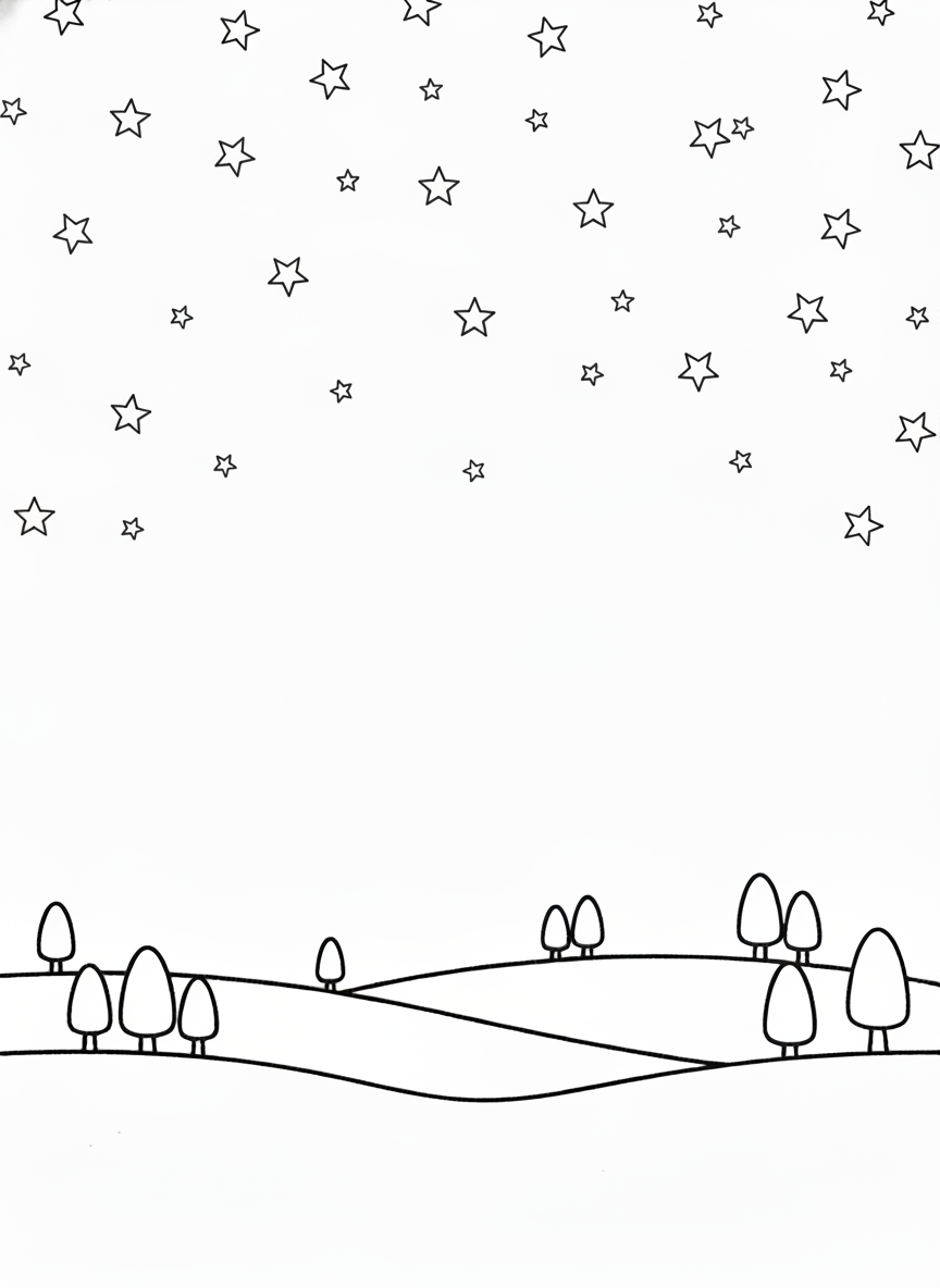 Coloring page: a night sky with stars (edited: delete the moon only stars and landscape) (edited: add lots of stars) (edited: Add more stars in the sky)