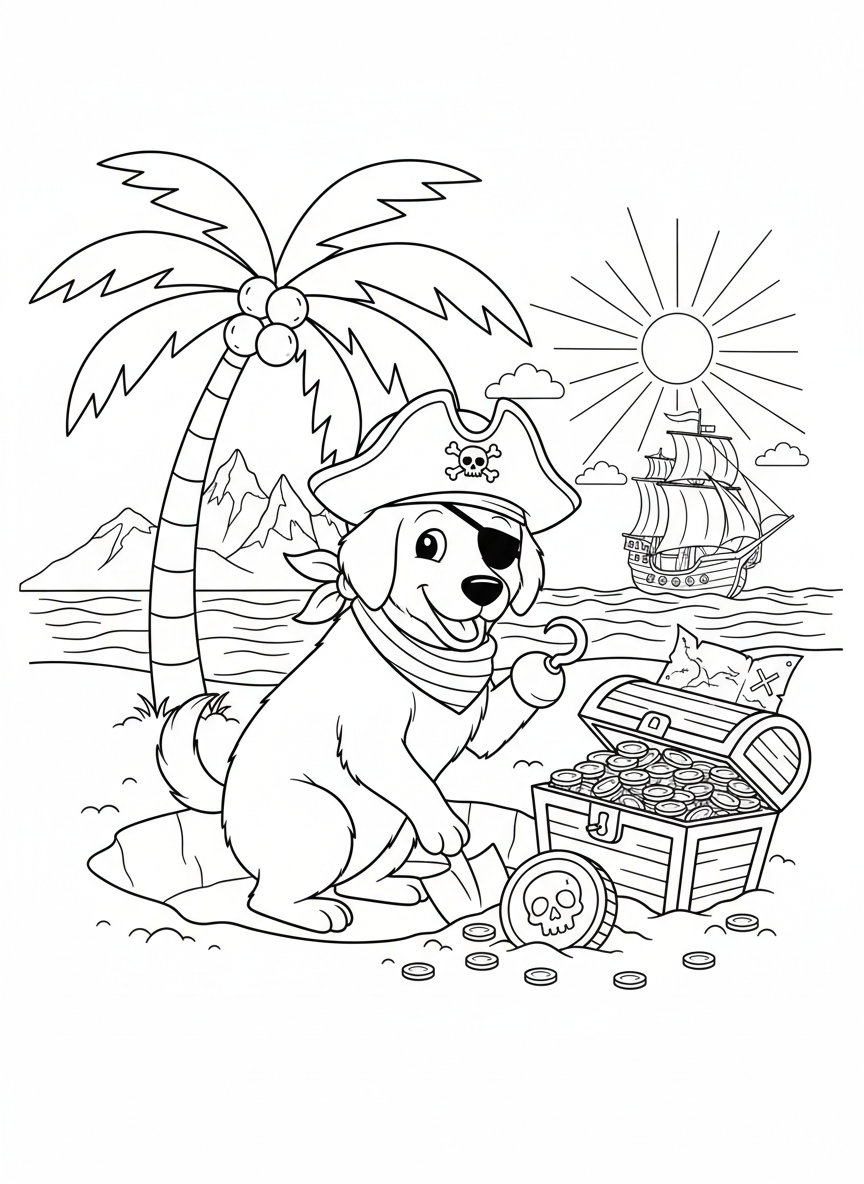 Coloring page: Pirate dog digging for buried gold.