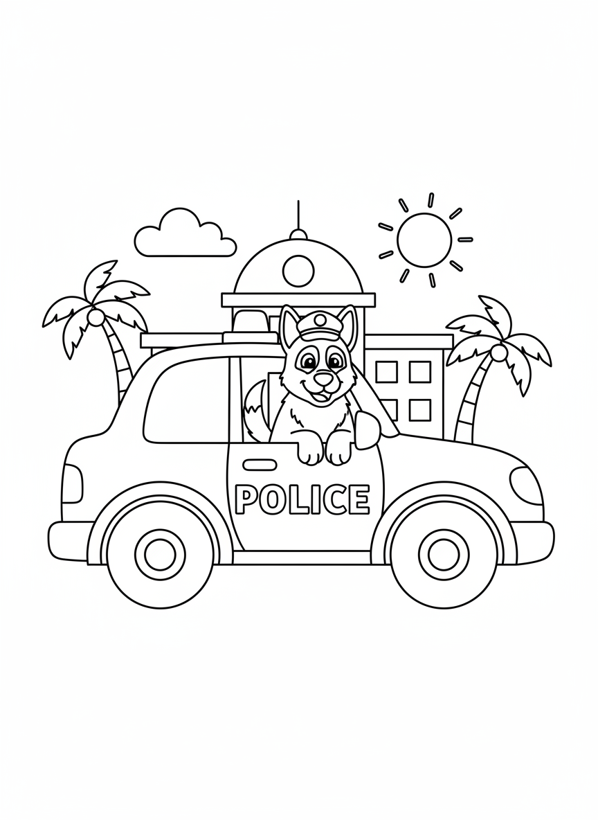 Coloring page: police car with police dog simple image for young kids