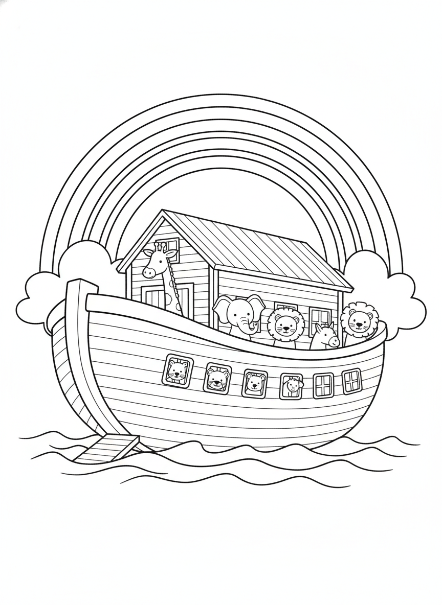 Coloring page: Noah's Ark only ark, on water with rainbow