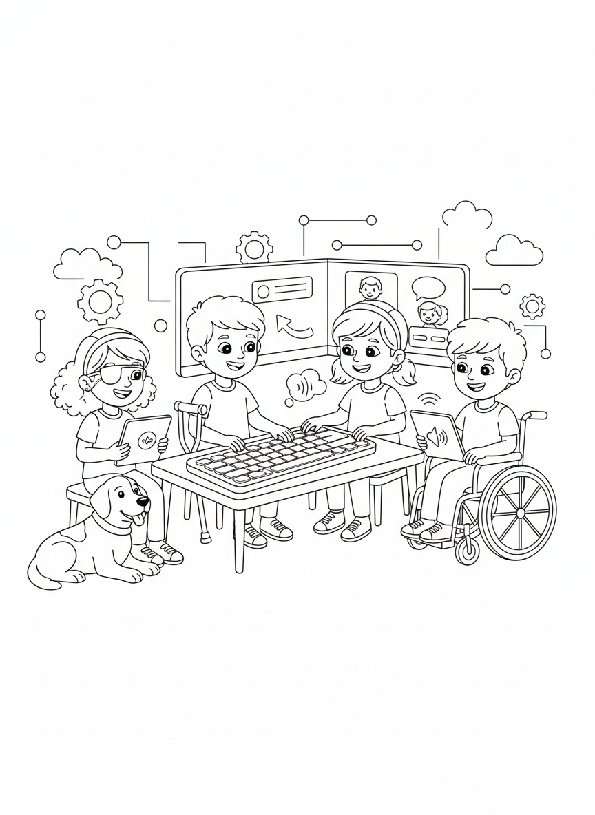 Coloring page: Diverse kids using accessible technology together, keyboard navigation, captions, and voice control, printable coloring sheet, no text