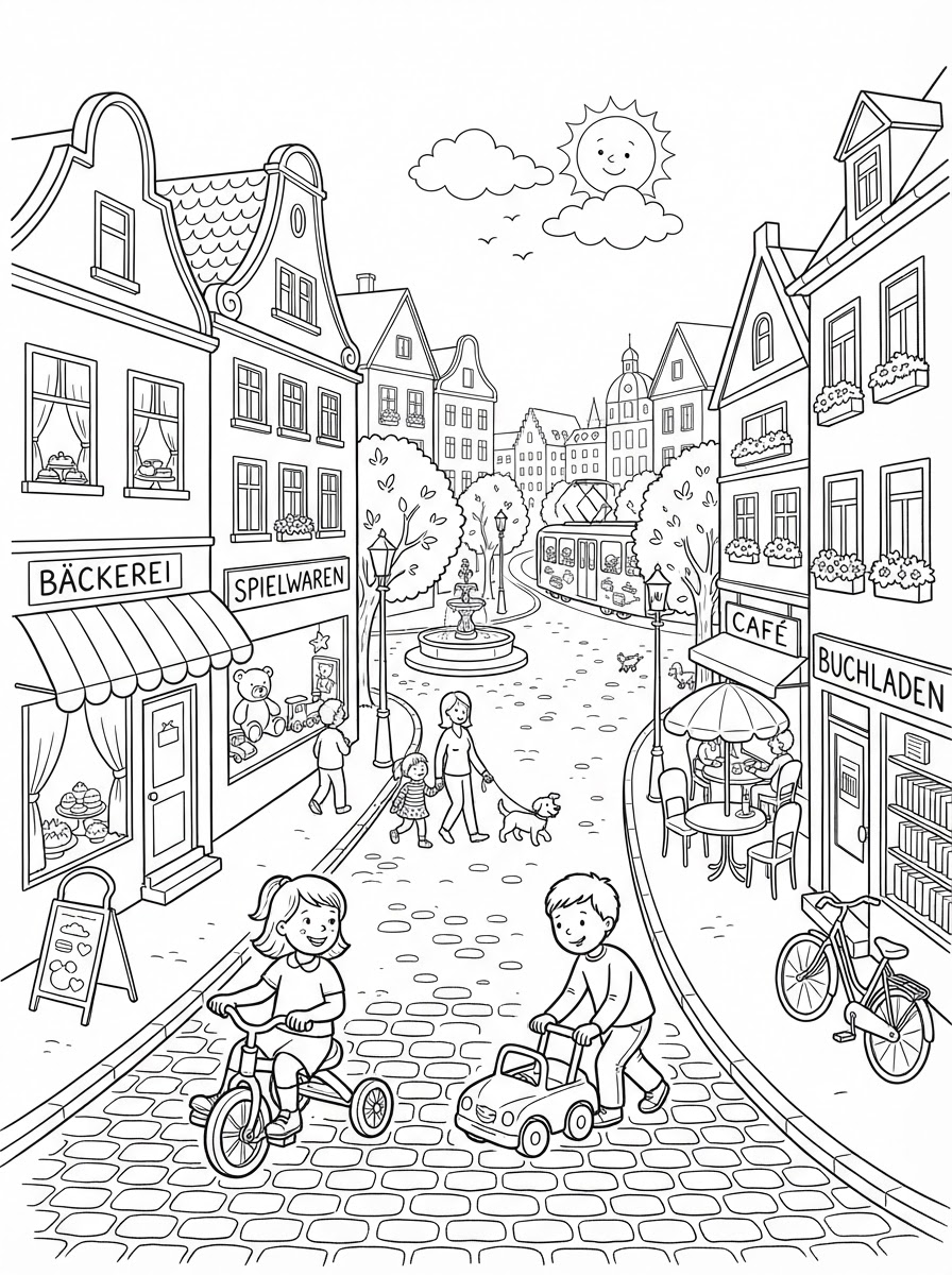 Coloring page: strasse in einer stadt, die kinder bemalen können.