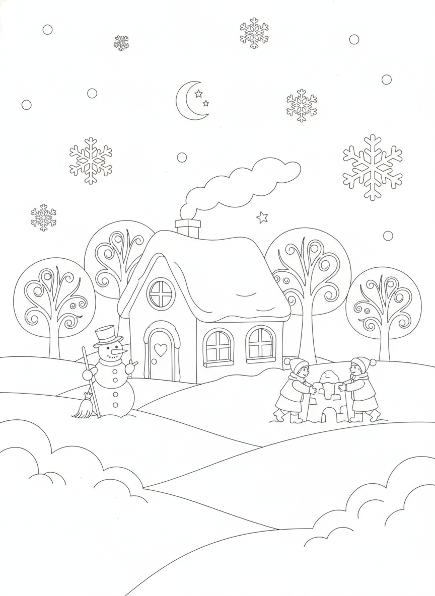 Coloring page: a winter scene