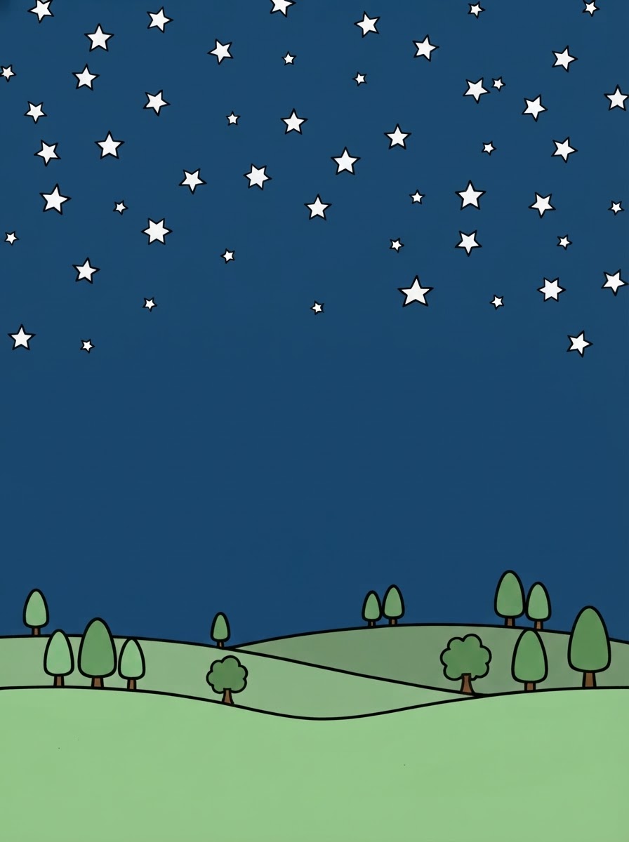 Coloring page: a night sky with stars (edited: delete the moon only stars and landscape) (edited: add lots of stars) (edited: Add more stars in the sky) (edited: add a few more stars and trees) (edited: can you color this sheet?)