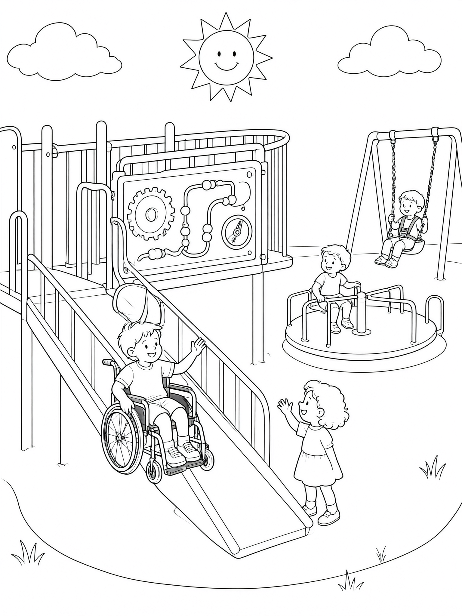 Coloring page: kids on handicap accessible playground