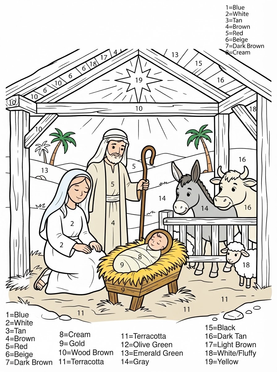 Coloring page: can you remove the camel and wise men? (edited: can you make this sheet a color by number?)