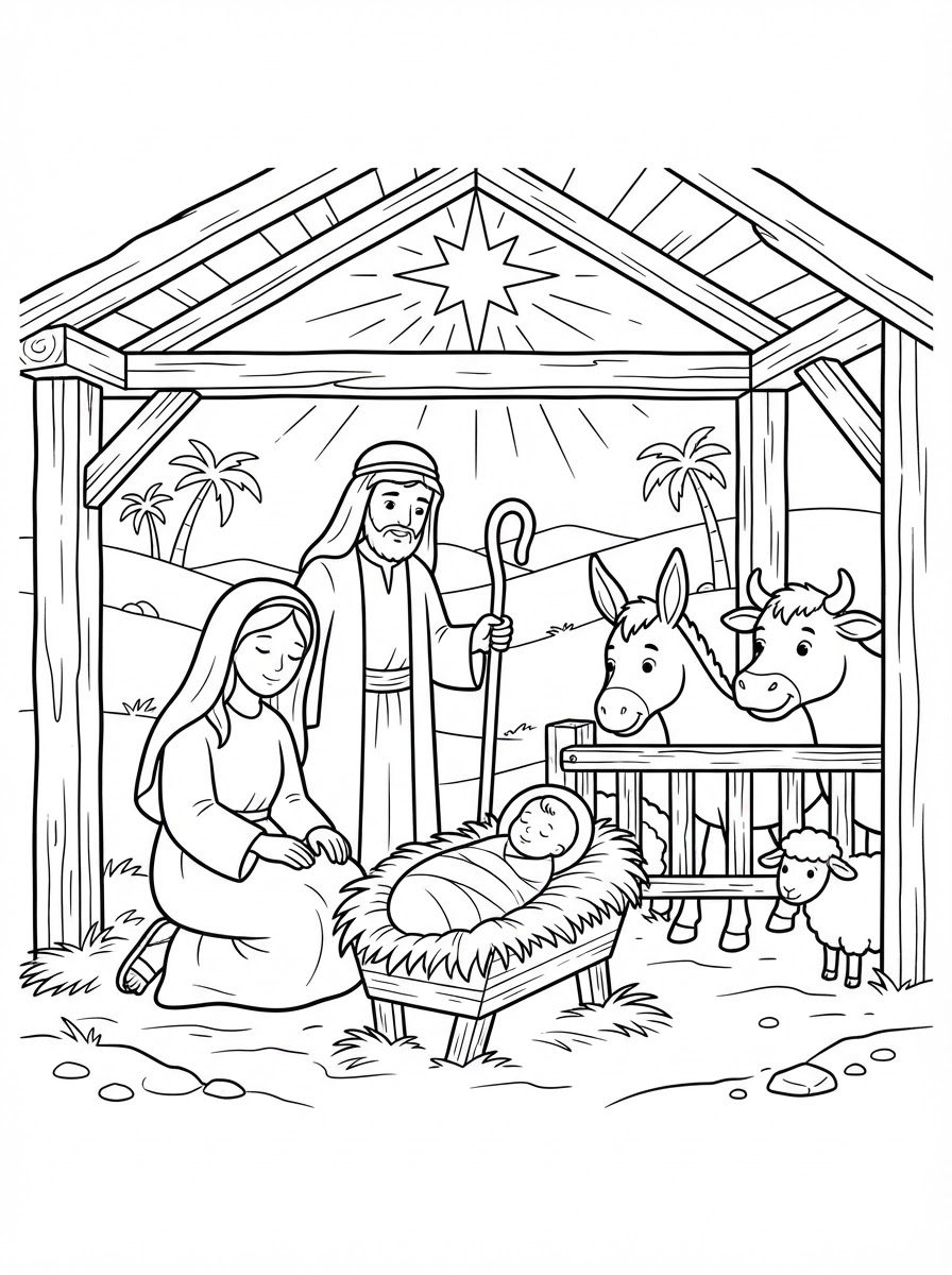 Coloring page: can you remove the camel and wise men?