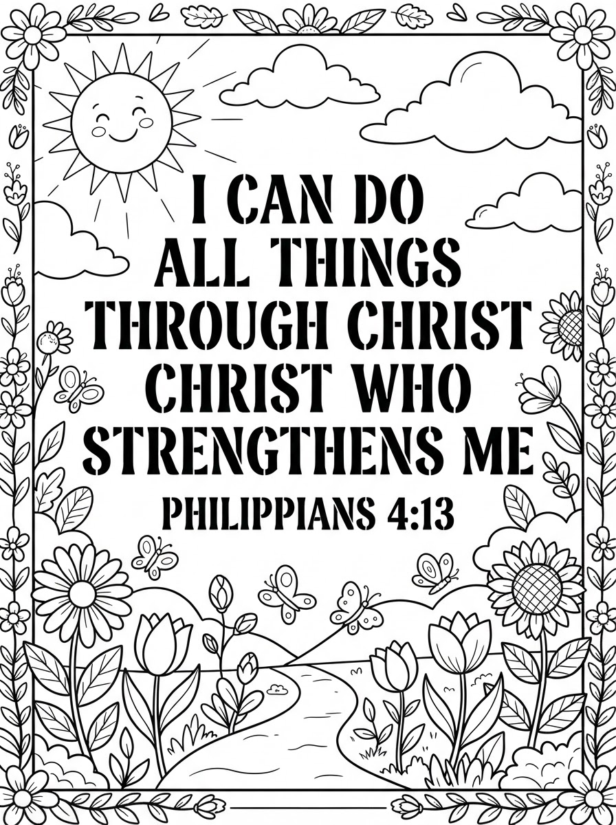 Coloring page: Stencil letters "I can do all things through Christ who strengthens me" Philippians 4:13. Add sun, clouds and flowers