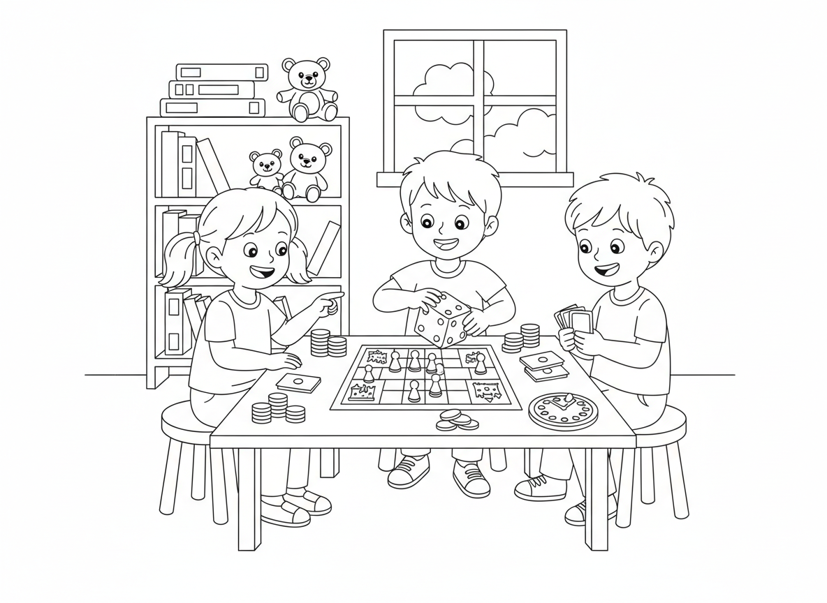 Coloring page: Kids playing board games