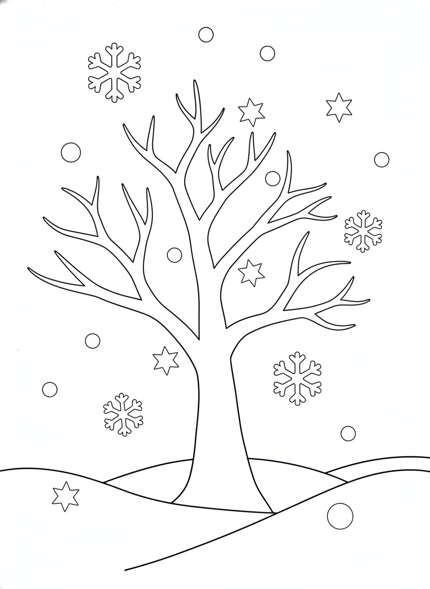 Coloring page: a winter tree with snow falling