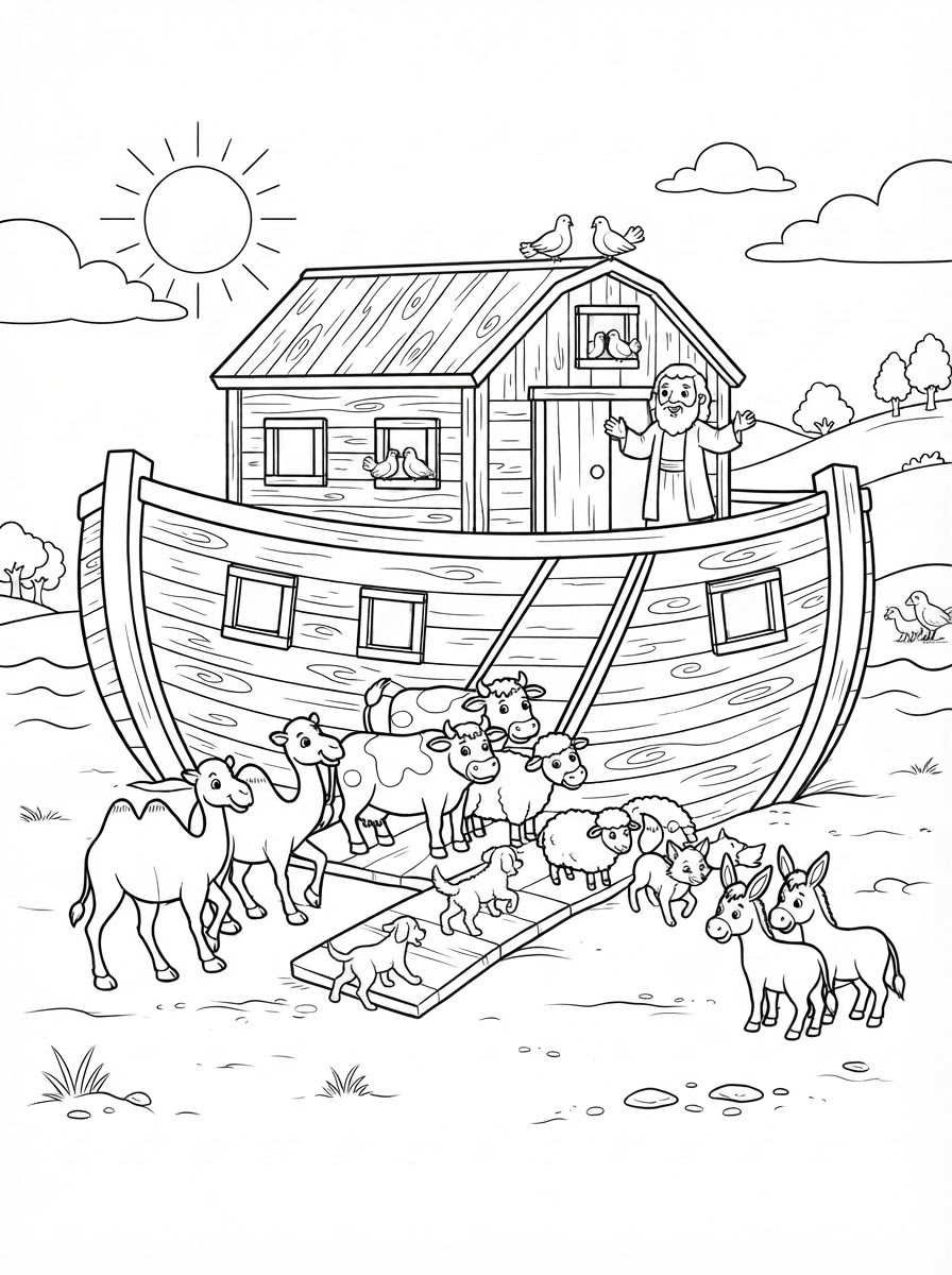 Coloring page: an ark with 2 camels, 2 cows, 2 sheep, 2 foxes, 2 donkeys and Noah (edited: can you remove the water and make it land)