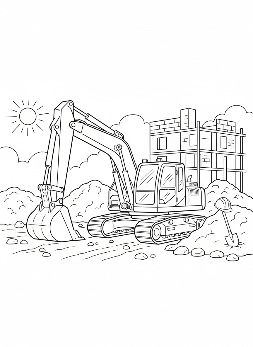 Coloring page: excavator at a construction site