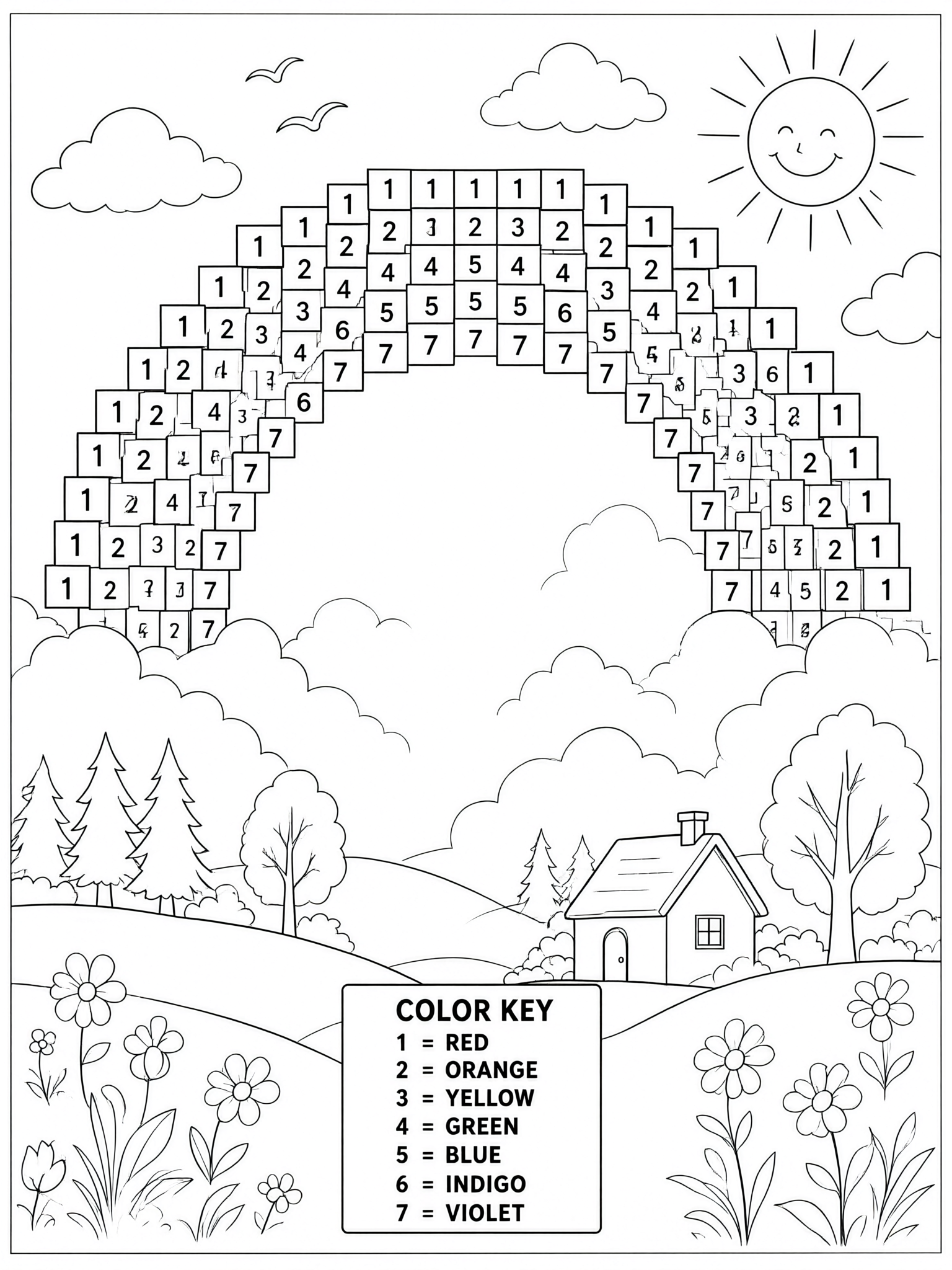 Coloring page: pixel color by number for a rainbow in the sky