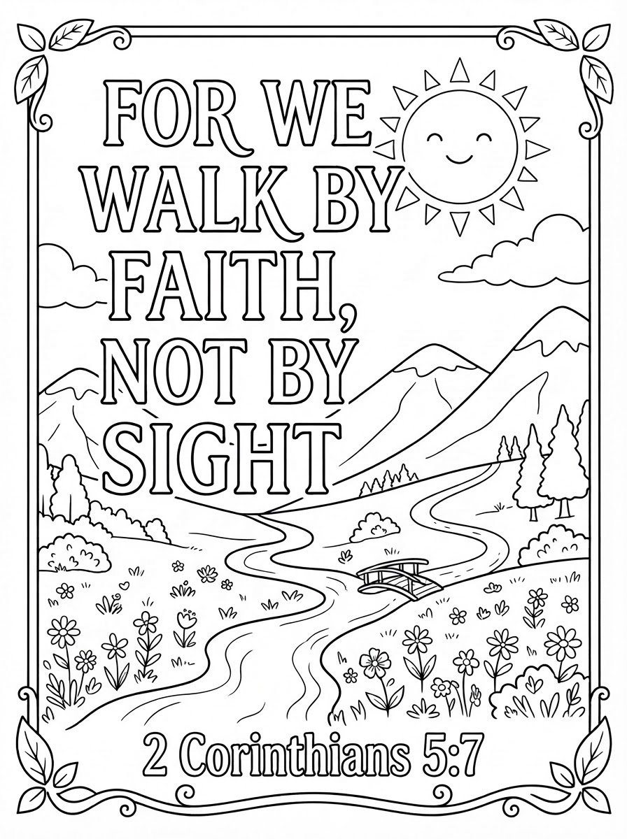 Coloring page: letters to color "For we walk by faith, not by sight" 2 Corinthians 5:7. Mountains, stream, sun (no face), clouds, flowers (edited: no stream, just a path)