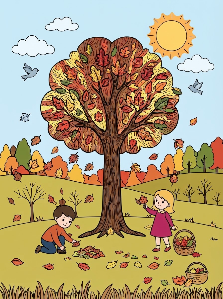 Coloring page: a simple fall tree with leaves falling on the ground, sun with no face, clouds and a few boys and girls (edited: no face on the sun, no house or fence) (edited: can you color this sheet?) (edited: can you color also the grass where the kids are and the tree) (edited: less leaves and grass on the ground and the kids raising their hands) (edited: the boys and girls being happy) (edited: no boys and girls and no pumpkin) (edited: add a couple of birds flying and a boy and girl) (edited: can you color this sheet please?) (edited: can you color this sheet for me please?)