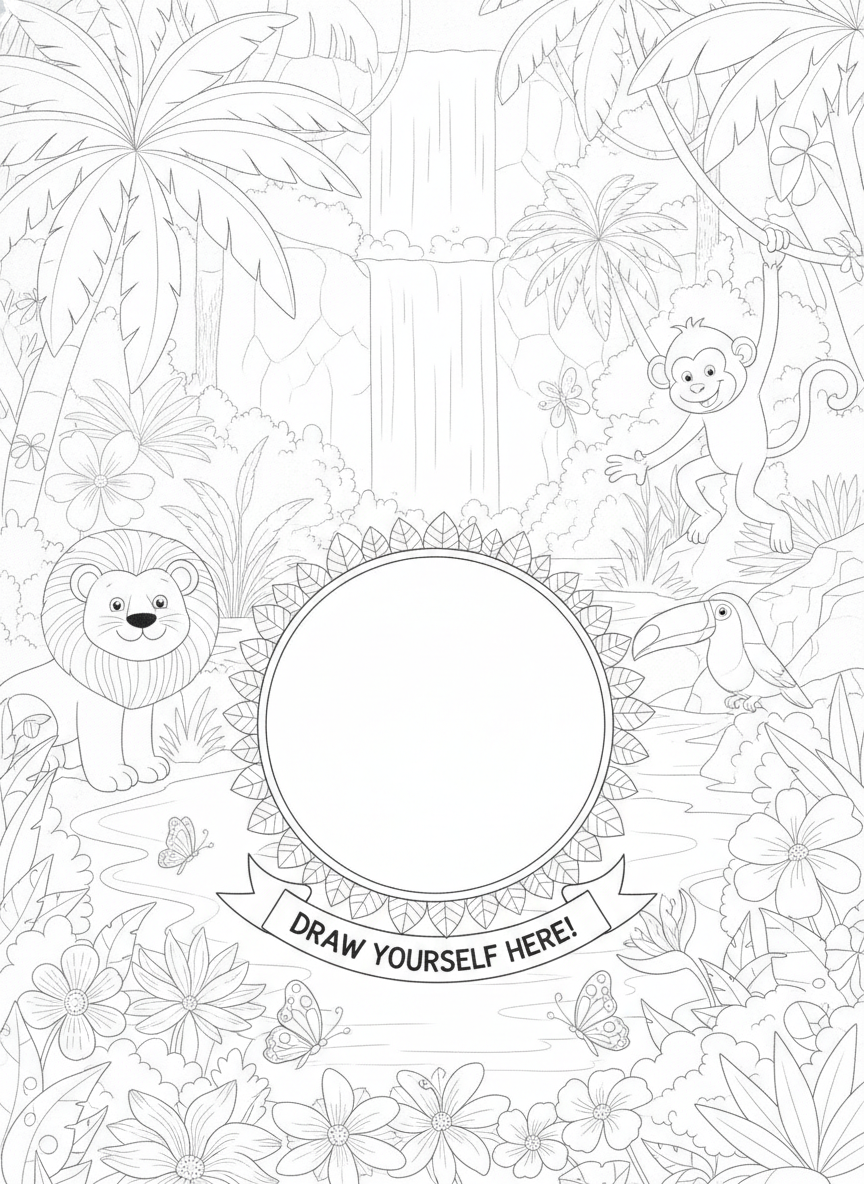 Coloring page: jungle themed page where children can draw their own character