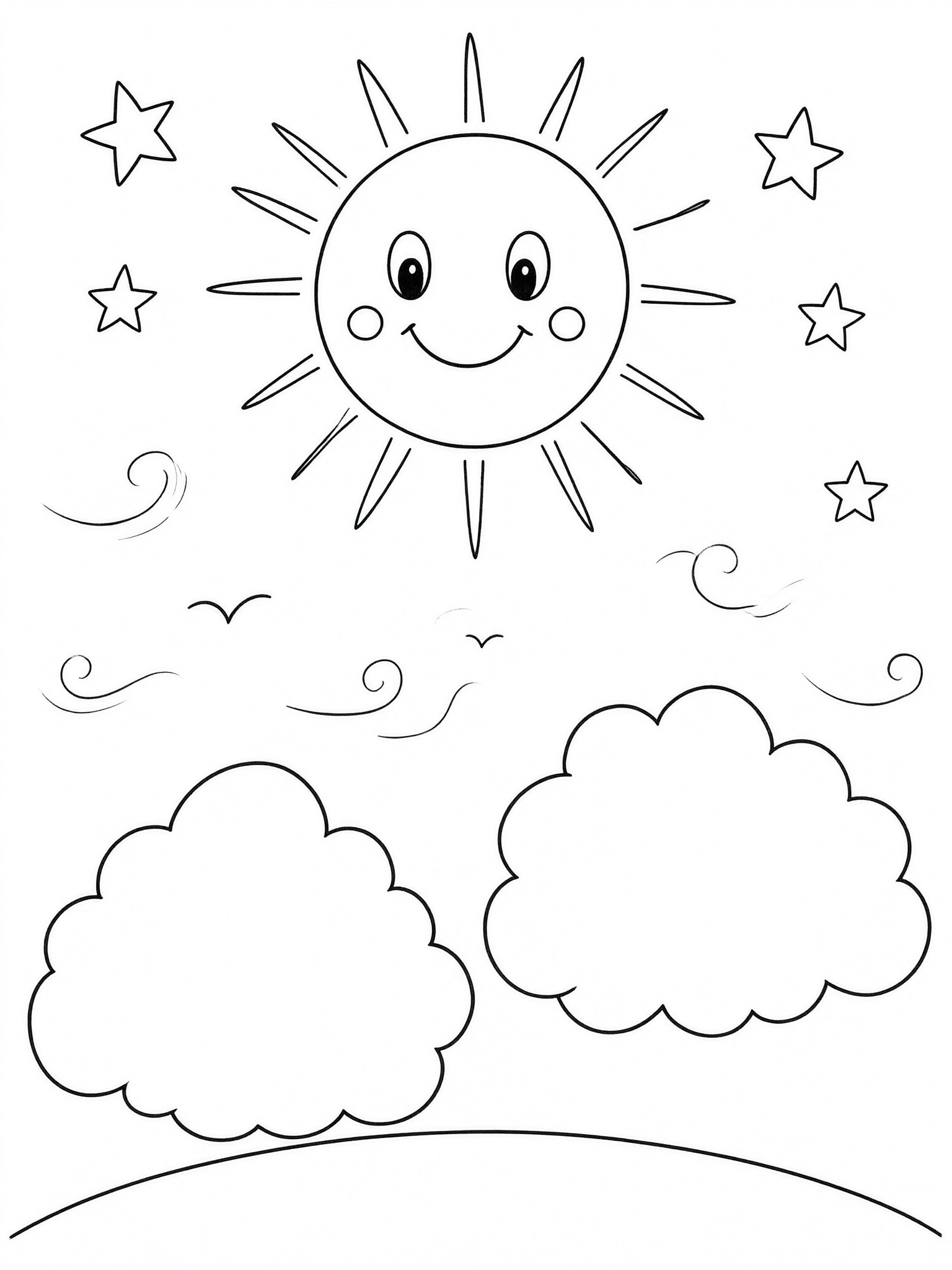Coloring page: A simple smiling sun above two fluffy clouds