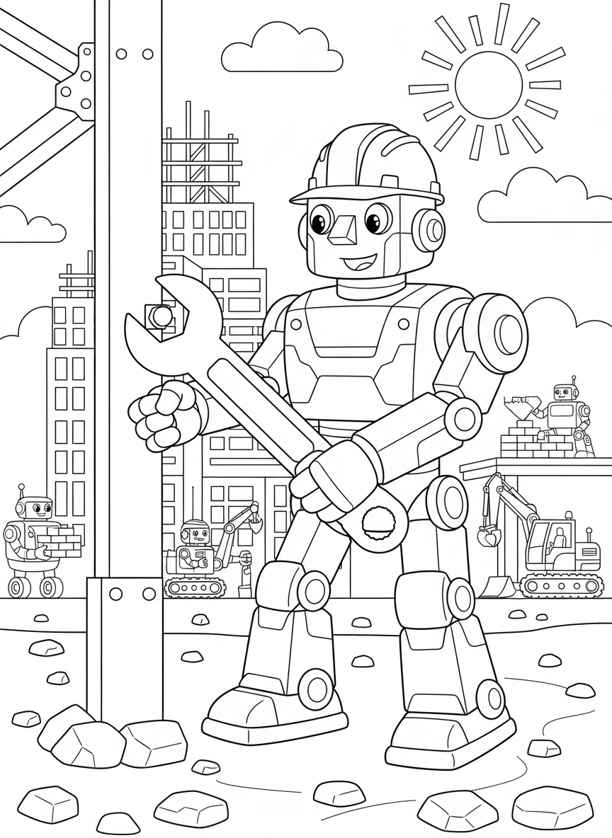 Coloring page: Robot helping with construction work.