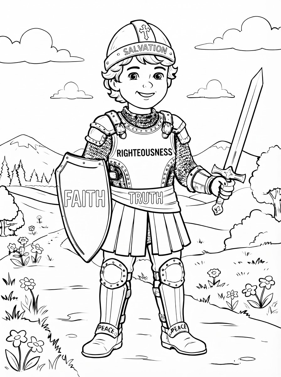 Coloring page: a boy with the whole armour of God on breastplate (edited: remove castle) (edited: can you color this sheet?) (edited: on the shield can you write the wor FAITH?) (edited: on the shield can you remove the lion and write the word FAITH?) (edited: on the shield can you write FAITH in Big letters?) (edited: Can you color this sheet?) (edited: on the breastsplate can you write RIGHTEOUSNESS?) (edited: Can you color this sheet?) (edited: can you remove the belt of RIGHTEOUSNESS?) (edited: can you add the word TRUTH on the belt?) (edited: Can you color this sheet?)