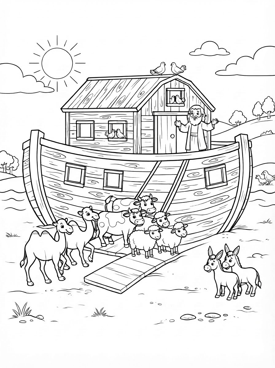 Coloring page: an ark with 2 camels, 2 cows, 2 sheep, 2 foxes, 2 donkeys and Noah (edited: can you remove the water and make it land) (edited: no dogs) (edited: add another sheep)