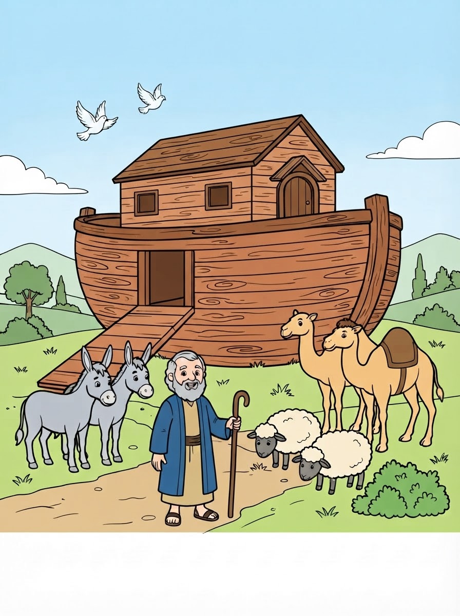 Coloring page: make an ark on land, with Noah, 2 donkeys, 2 birds, 2 sheep, 2 camels (edited: can you remove the bird flag on the ark) (edited: can you color this sheet?) (edited: can you color this sheet?)