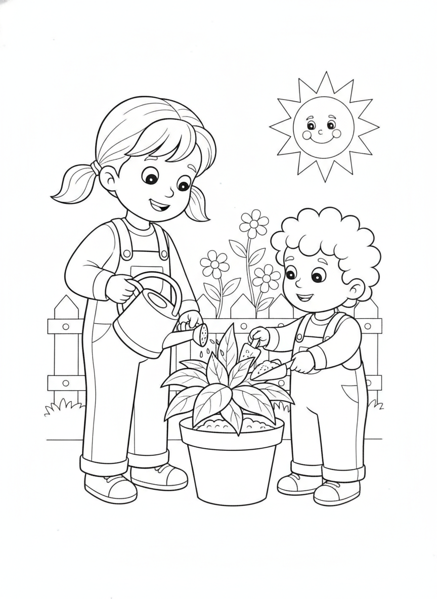 Coloring page: two kids helping each other