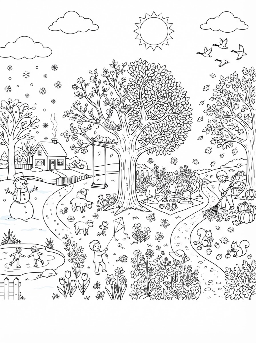 Coloring page: with all four seasons; fall, winter, spring and summer to color