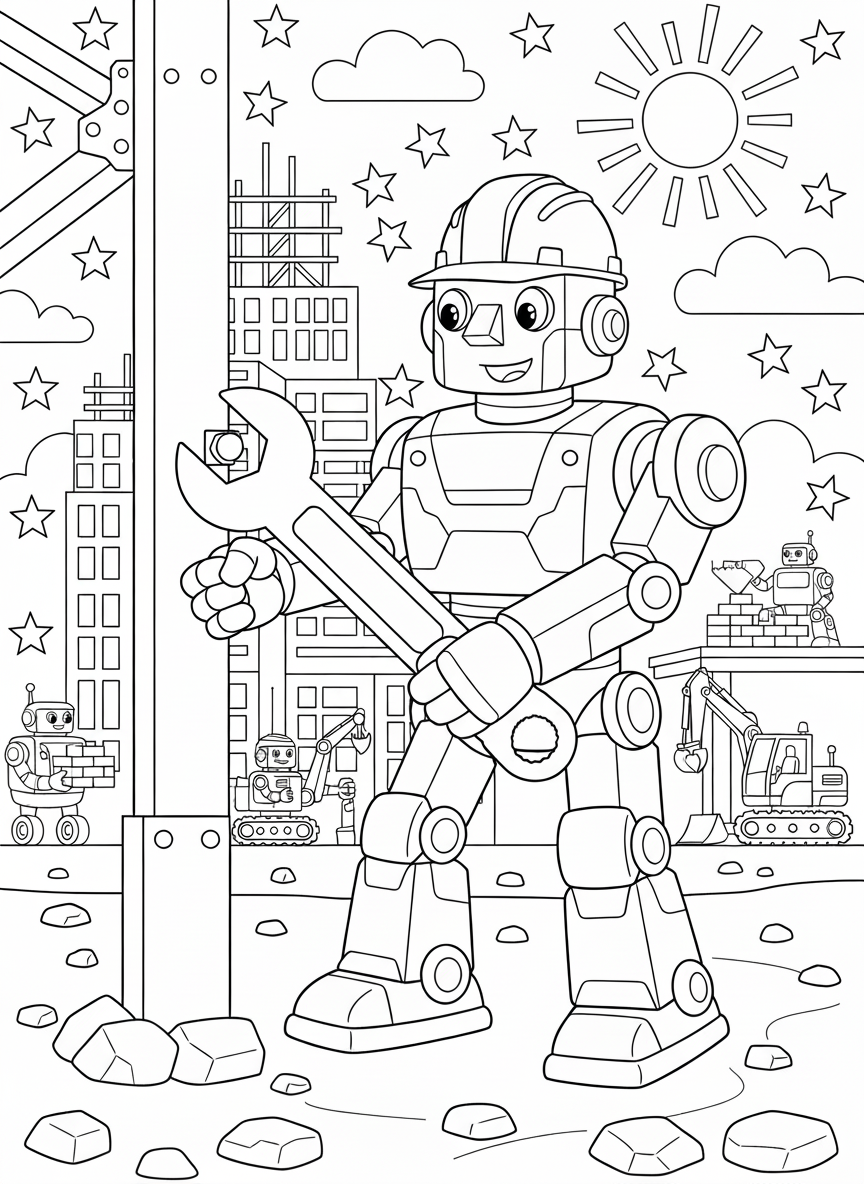 Coloring page: Robot helping with construction work. (edited: Add stars)