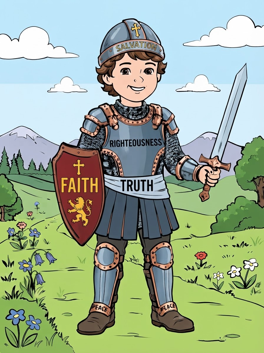 Coloring page: a boy with the whole armour of God on breastplate (edited: remove castle) (edited: can you color this sheet?) (edited: on the shield can you write the wor FAITH?) (edited: on the shield can you remove the lion and write the word FAITH?) (edited: on the shield can you write FAITH in Big letters?) (edited: Can you color this sheet?) (edited: on the breastsplate can you write RIGHTEOUSNESS?) (edited: Can you color this sheet?) (edited: can you remove the belt of RIGHTEOUSNESS?) (edited: can you add the word TRUTH on the belt?) (edited: Can you color this sheet?) (edited: Can you color this sheet?) (edited: can you put FAITH, TRUTH and SALVATION all in black letters?) (edited: can you color this sheet?) (edited: can you color this sheet?)