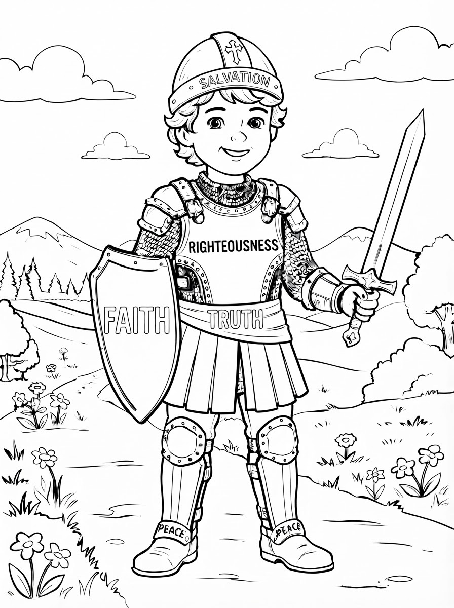 Coloring page: a boy with the whole armour of God on breastplate (edited: remove castle) (edited: can you color this sheet?) (edited: on the shield can you write the wor FAITH?) (edited: on the shield can you remove the lion and write the word FAITH?) (edited: on the shield can you write FAITH in Big letters?) (edited: Can you color this sheet?) (edited: on the breastsplate can you write RIGHTEOUSNESS?) (edited: Can you color this sheet?) (edited: can you remove the belt of RIGHTEOUSNESS?) (edited: can you add the word TRUTH on the belt?) (edited: Can you color this sheet?) (edited: Can you color this sheet?)