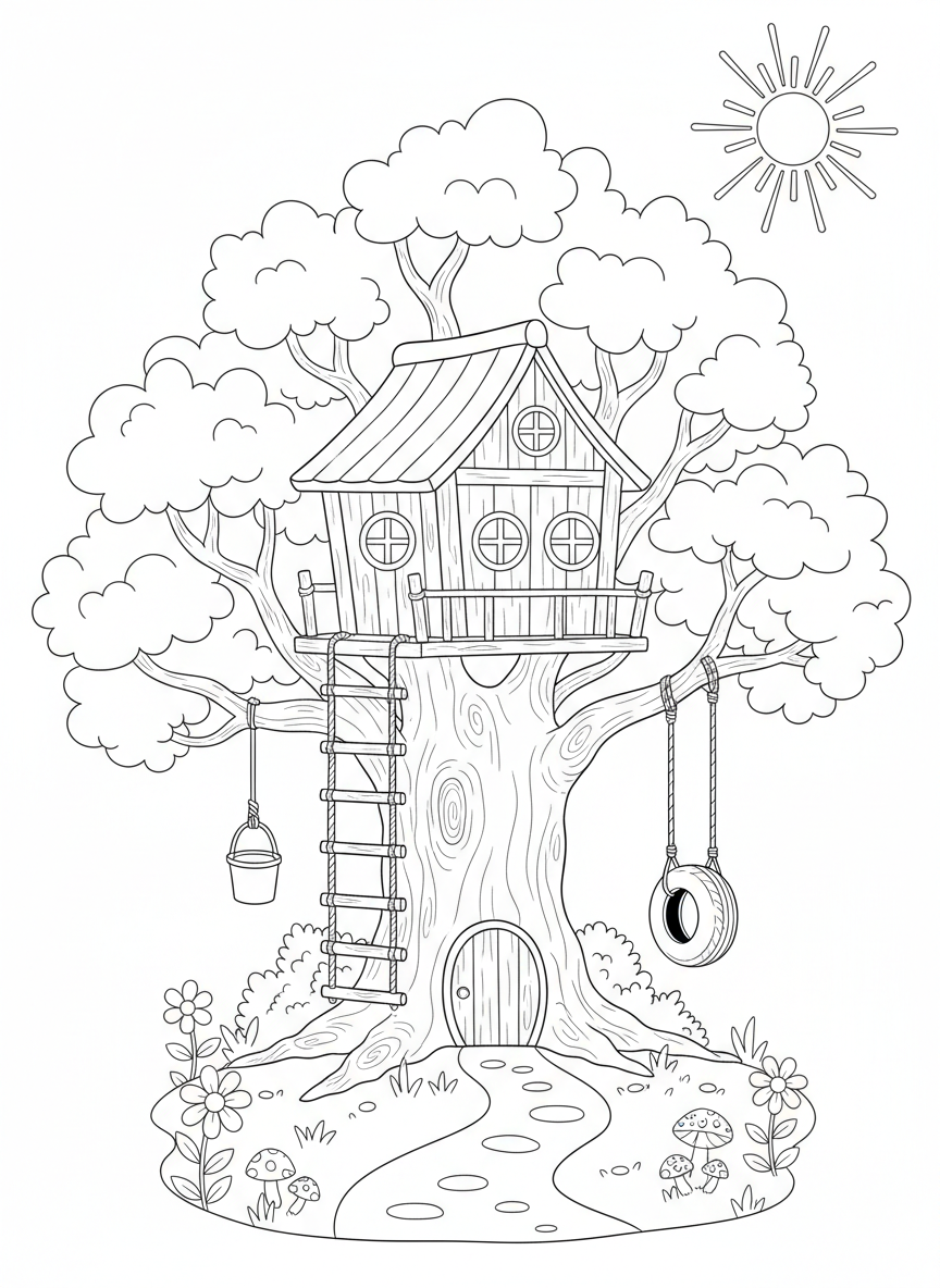 Coloring page: A cozy tree house
