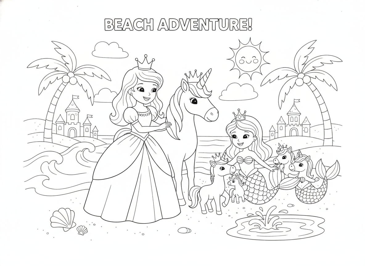 Coloring page: together on the beach and there's a princess that unicorn pets and mermaid pets and they love to play together I mean not Siri, and the unicorn had crown on and the mermaid and princesses