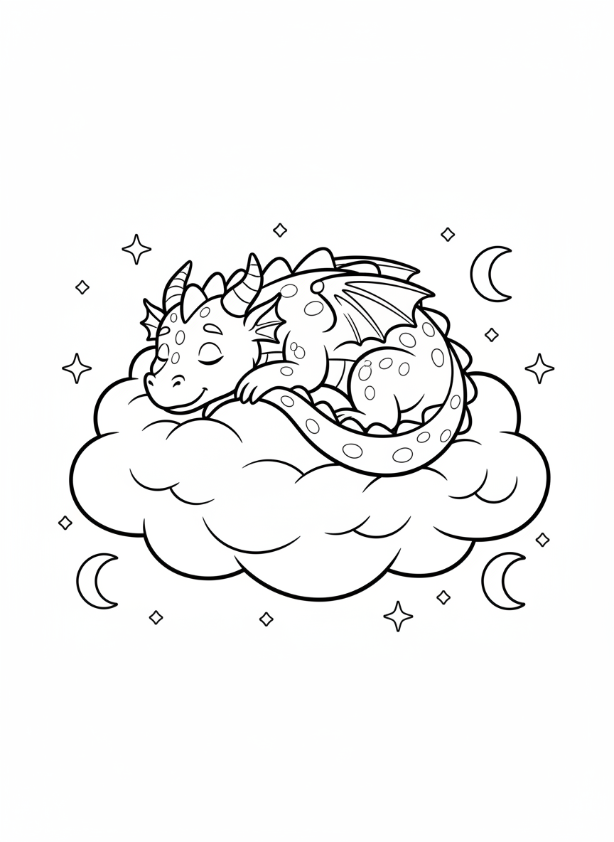 Coloring page: Dragon napping on a fluffy cloud