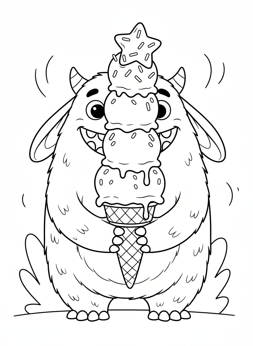 Coloring page: Happy monster eating big ice cream