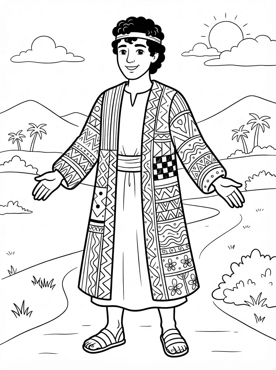 Coloring page: joseph in his coat of many colors (edited: can you remove the sheep)