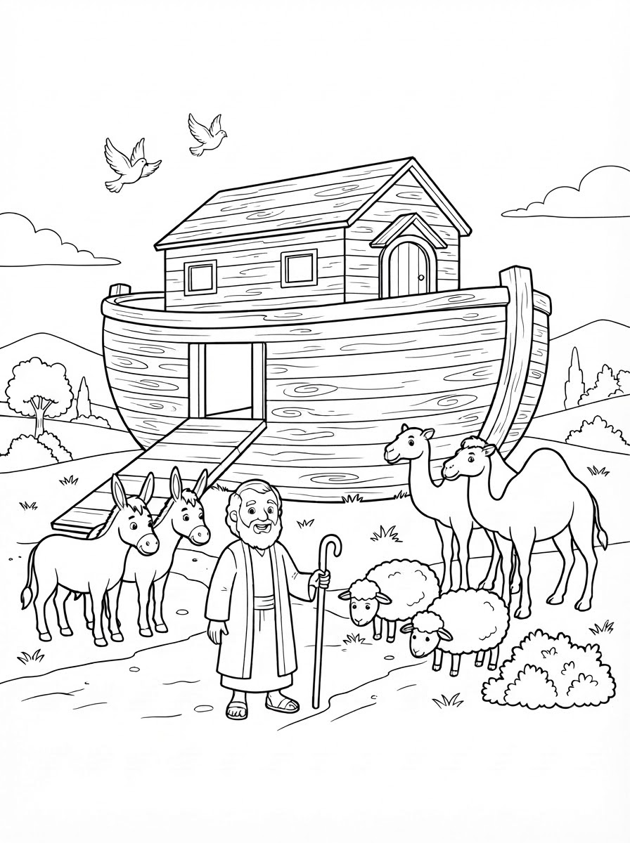Coloring page: make an ark on land, with Noah, 2 donkeys, 2 birds, 2 sheep, 2 camels (edited: can you remove the bird flag on the ark) (edited: can you color this sheet?)