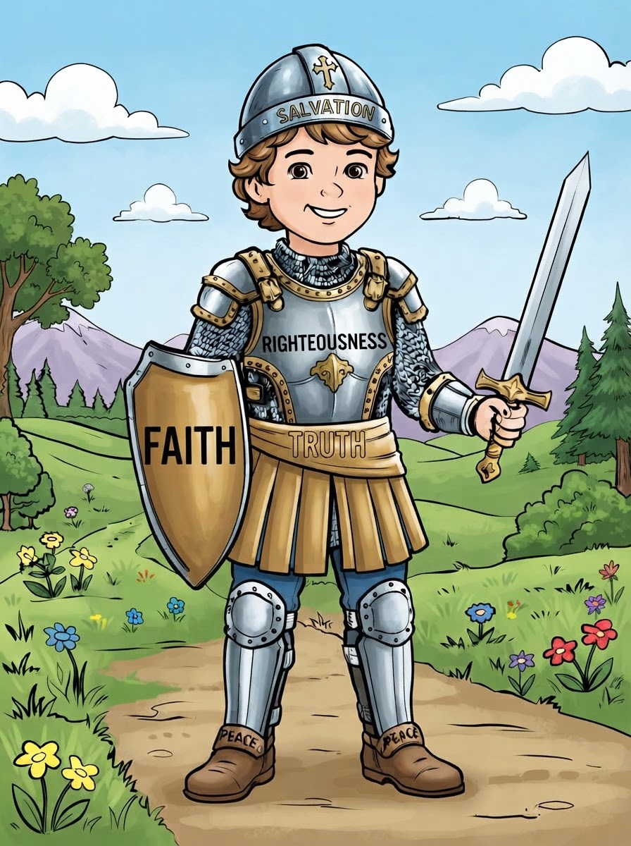 Coloring page: a boy with the whole armour of God on breastplate (edited: remove castle) (edited: can you color this sheet?) (edited: on the shield can you write the wor FAITH?) (edited: on the shield can you remove the lion and write the word FAITH?) (edited: on the shield can you write FAITH in Big letters?) (edited: Can you color this sheet?) (edited: on the breastsplate can you write RIGHTEOUSNESS?) (edited: Can you color this sheet?) (edited: can you remove the belt of RIGHTEOUSNESS?) (edited: can you add the word TRUTH on the belt?) (edited: Can you color this sheet?) (edited: Can you color this sheet?) (edited: can you color this sheet?)