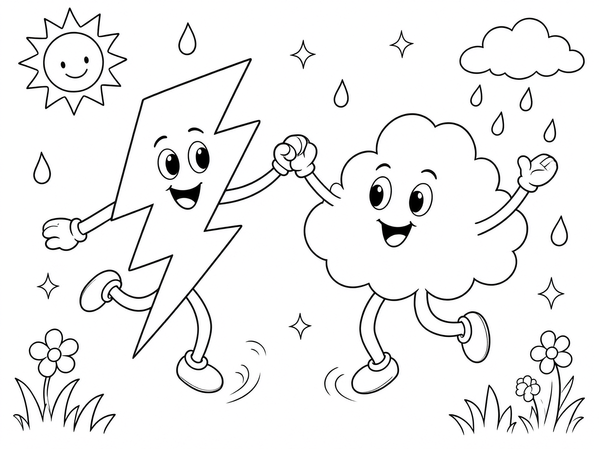 Coloring page: Lightning bolt dancing with a rain cloud