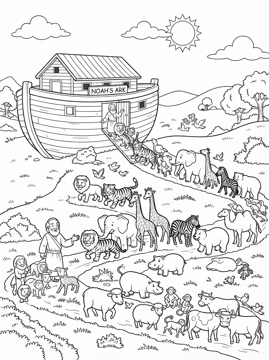 Coloring page: Noah and the Ark on land and animals going into the ark 2 x 2 (edited: remove everyone but Noah, no water, the animals going in 2 x 2 together)