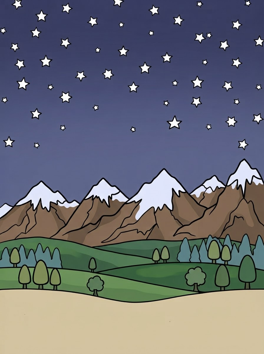 Coloring page: a night sky with stars (edited: delete the moon only stars and landscape) (edited: add lots of stars) (edited: Add more stars in the sky) (edited: add a few more stars and trees) (edited: can you color this sheet?) (edited: add mountains) (edited: can you color this sheet?)