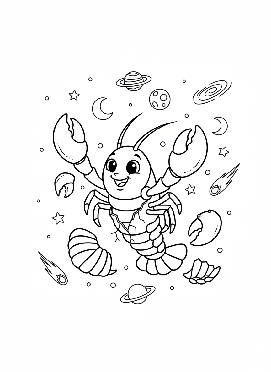 Coloring page: "Molty", A Lobster/Claw molting in space