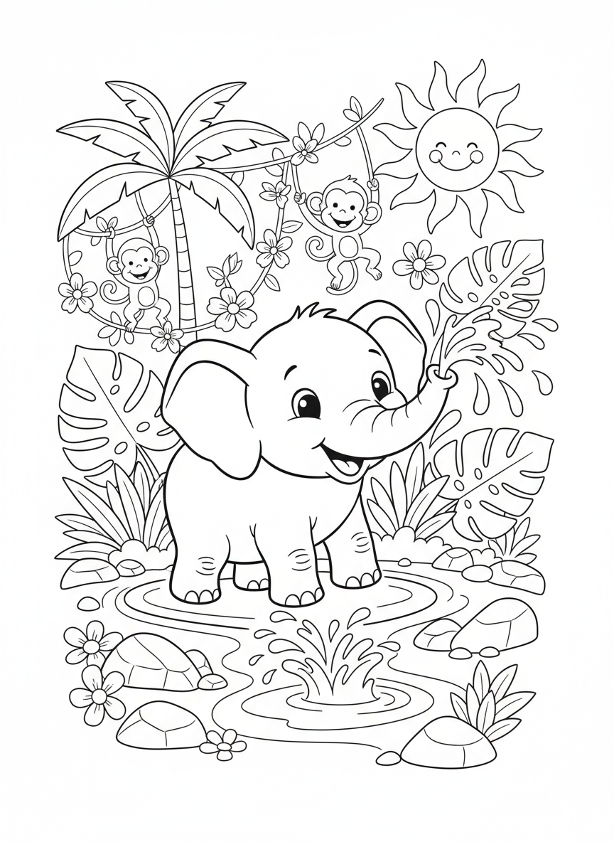 Coloring page: a happy elephant playing in the jungle