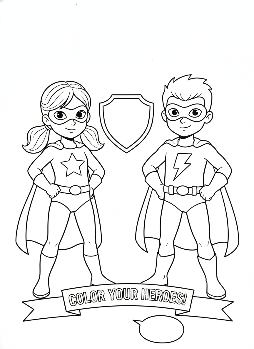 Coloring page: girl and boy simple super hero outline for kids to customise