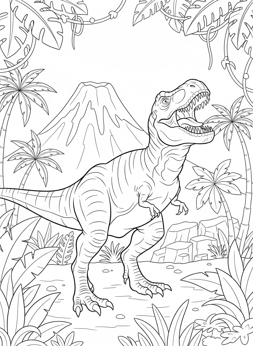 Coloring page: T-Rex roaring in a jungle