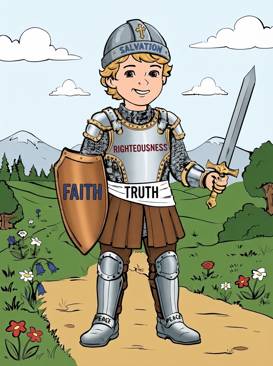 Coloring page: a boy with the whole armour of God on breastplate (edited: remove castle) (edited: can you color this sheet?) (edited: on the shield can you write the wor FAITH?) (edited: on the shield can you remove the lion and write the word FAITH?) (edited: on the shield can you write FAITH in Big letters?) (edited: Can you color this sheet?) (edited: on the breastsplate can you write RIGHTEOUSNESS?) (edited: Can you color this sheet?) (edited: can you remove the belt of RIGHTEOUSNESS?) (edited: can you add the word TRUTH on the belt?) (edited: Can you color this sheet?) (edited: Can you color this sheet?) (edited: can you put FAITH, TRUTH and SALVATION all in black letters?) (edited: can you color this sheet?) (edited: can you color this sheet?) (edited: can you remove the lion and cross on the shield?) (edited: can you color this sheet?) (edited: can you color this sheet?)