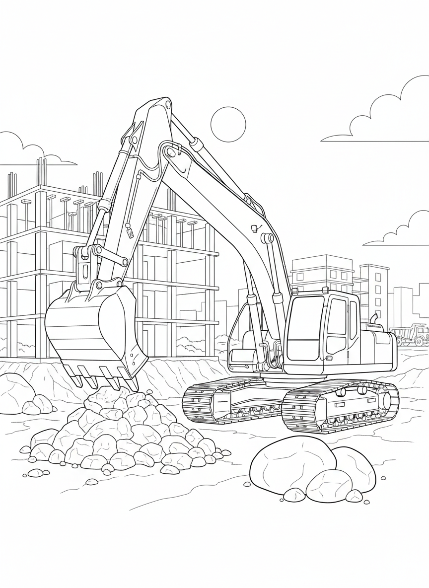 Coloring page: giant excavator digging at a construction site
