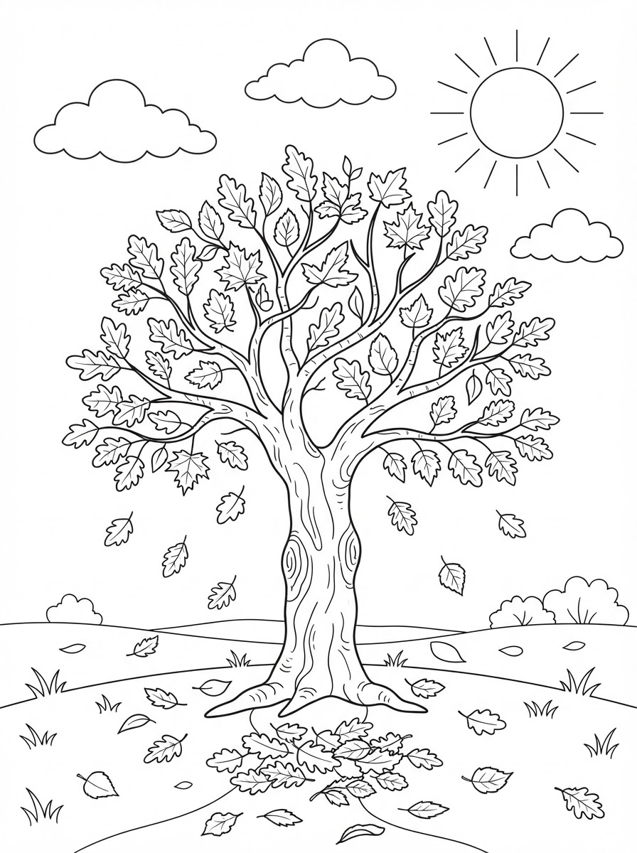 Coloring page: fall tree with some leaves falling to the ground, sun with no happy face, clouds